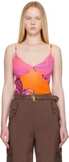 Versace Jeans Couture Pink & Orange Outline Barocco Mesh Top In Pink