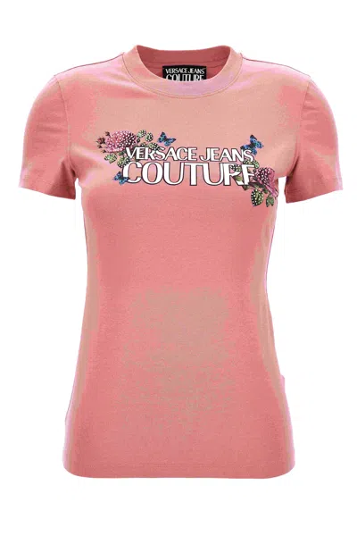 Versace Jeans Couture Pink T-shirt With Logo And Roses