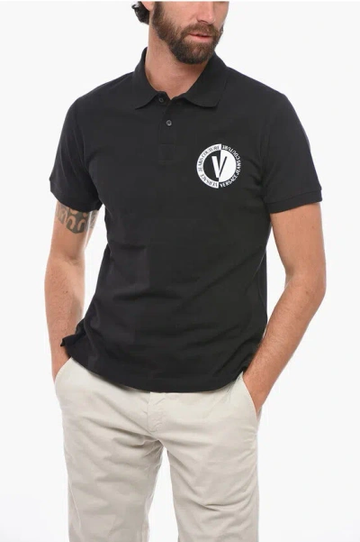 Versace Jeans Couture Piquet Cotton Polo With Printed Logo In Black