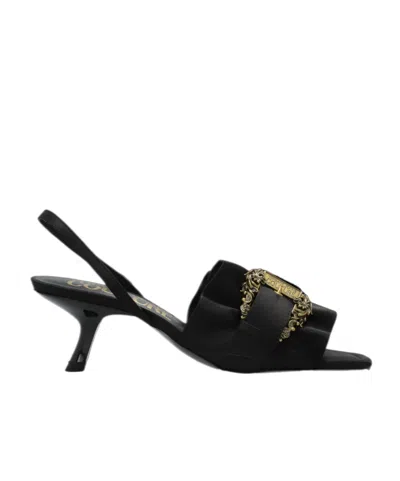 Versace Jeans Couture Pleated Buckle Heeled Sandals In Black