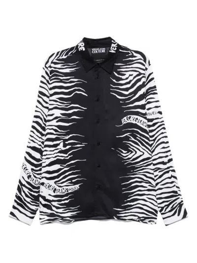 VERSACE JEANS COUTURE PRINT-EMBELLISHED BLACK SHIRT WITH CLASSIC COLLAR