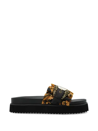 Versace Jeans Couture Printed Buckled Slides In Black