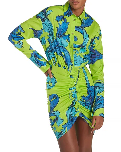 Versace Jeans Couture Printed Button Front Ruched Mini Dress In Green