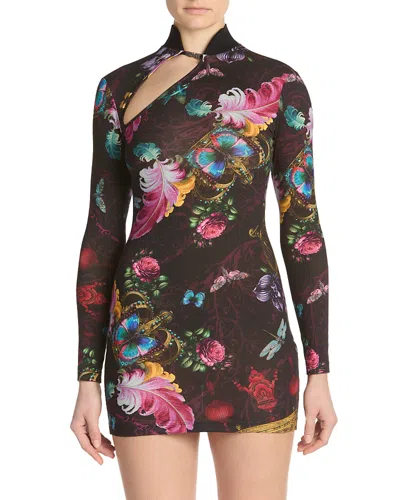 Versace Jeans Couture Printed Long Sleeve Dress In Black