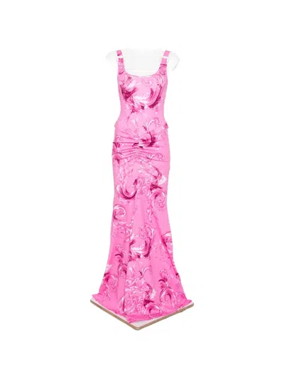 Versace Jeans Couture Printed Ruched Maxi Dress In Pink