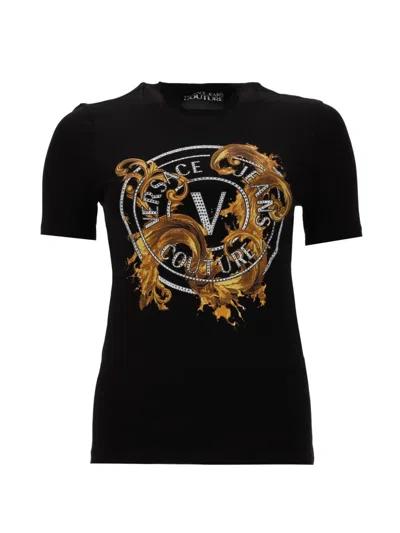 Versace Jeans Couture Crew Neck Graphic Print Short Sleeve Top In Black