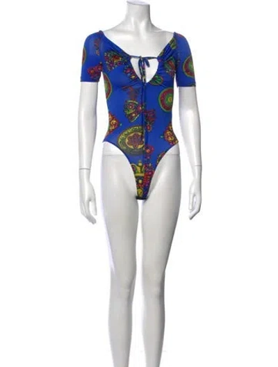 Pre-owned Versace Jeans Couture Printed V-neck Bodysuit In Black