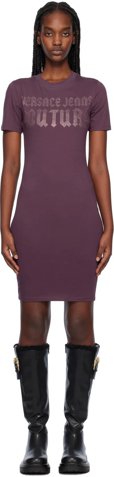 Versace Jeans Couture Purple Gothic Logo T-shirt Minidress In E363 Plum