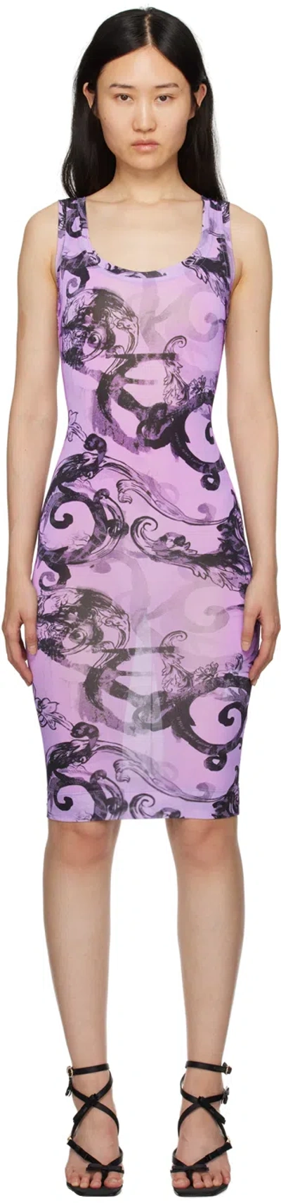 Versace Jeans Couture Purple Watercolour Couture Midi Dress In Multi