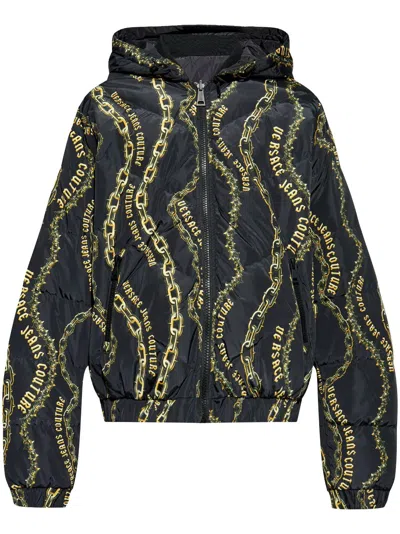 Versace Jeans Couture Reversible Chain-print Hooded Jacket In Black