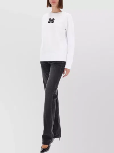 Versace Jeans Couture Ribbed Hem Long Sleeve Crew Neck Knitwear In White