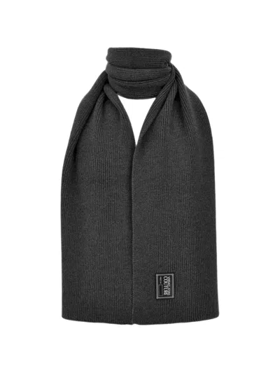 Versace Jeans Couture Ribbed-knit Logo-patch Scarf In Black