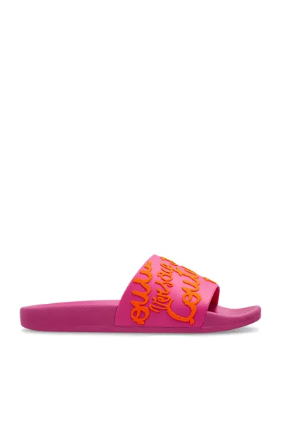 Versace Jeans Couture Rubber Slides With Logo In Flamingo + Tiger
