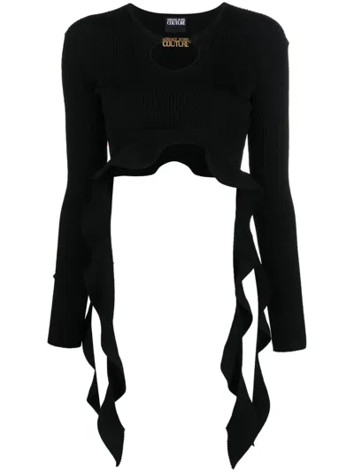 Versace Jeans Couture Ruffled Ribbed-knit Cropped Top In Black