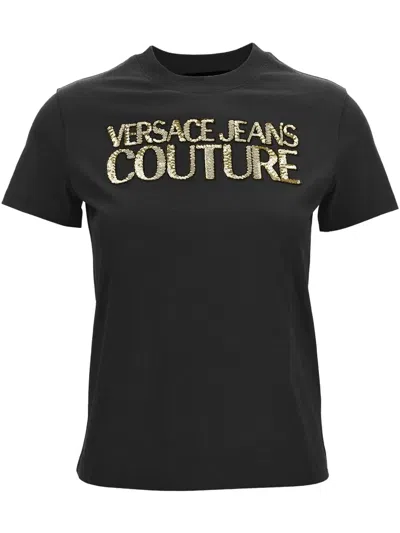 Versace Jeans Couture Sequin-logo Cotton T-shirt In Black