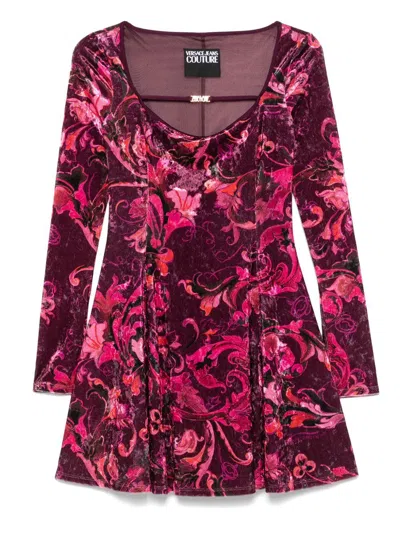 Versace Jeans Couture Maroon Floral-print Velvet Mini Dress In Pink