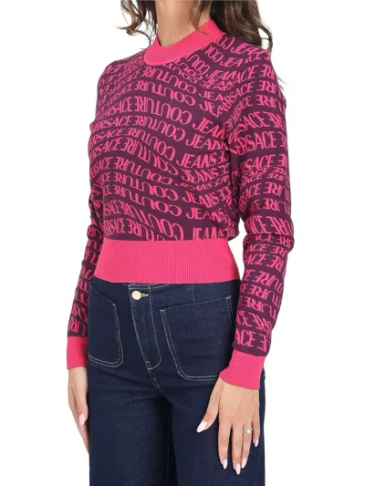 Versace Jeans Couture Short Crew Neck Sweater With Contrasting Pattern And Ribbed Details In Multi