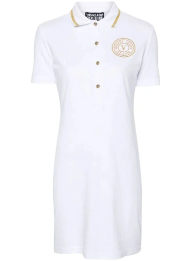Versace Jeans Couture Short Sleeves Polo Neck Mini Dress In White