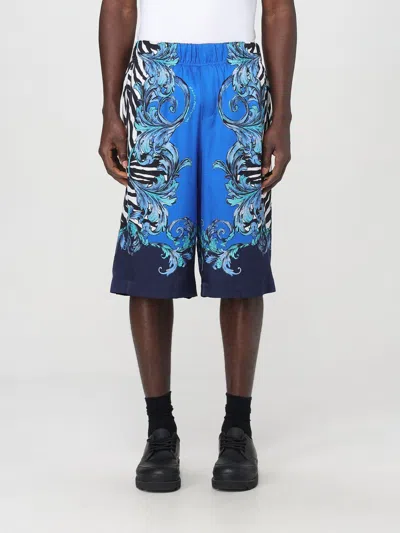 Versace Jeans Couture Blue Viscose Shorts With Intricate Patterns In Multicolor