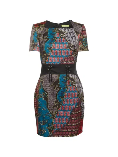 Pre-owned Versace Jeans Couture Short-sleeve Lace-up Printed Mini Dress In Blue