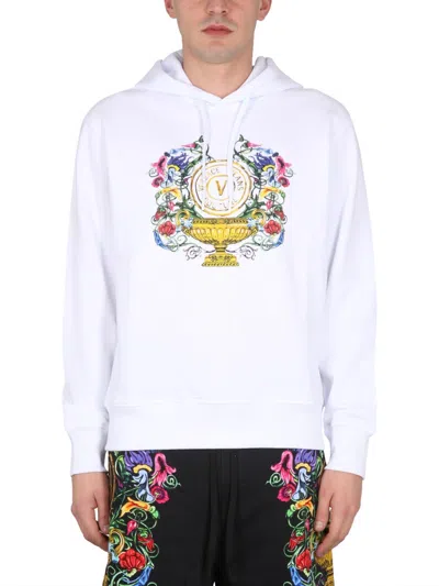 Versace Jeans Couture Signature Logo Print Sweatshirt With Drawstring Hood In White