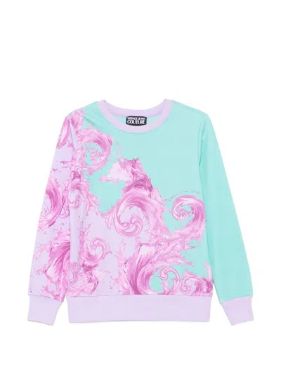 Versace Jeans Couture Felpa Celeste Con Stampa Grafica Rosa  In Multi