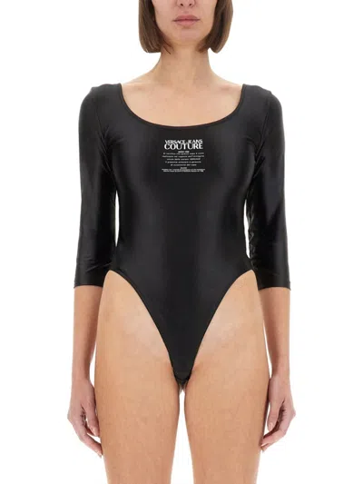 Versace Jeans Couture Slim-fit Bodysuit With Logo Print In Black