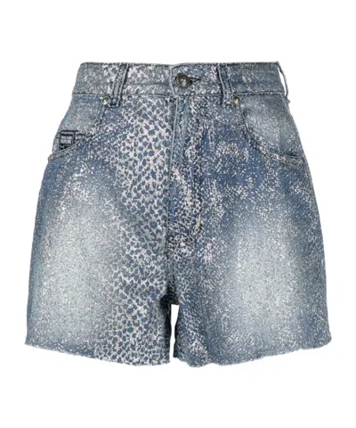 Versace Jeans Couture Snakeskin-effect High-waist Denim Shorts In Gray