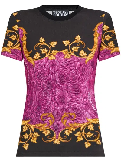 Versace Jeans Couture Snakeskin-print T-shirt In Black, Gold, Raspberry