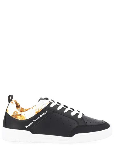 Versace Jeans Couture Black Weave Pattern Perforated Leather Sneakers