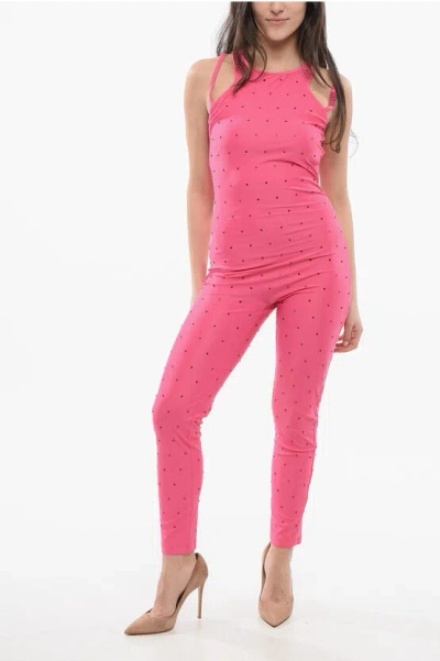 Versace Jeans Couture Stretchy Jumpsuit With Rhinestones In Pink