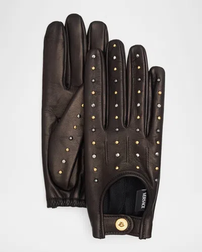 Versace Jeans Couture Studded Lambskin Leather Gloves In Brown