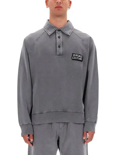 Versace Jeans Couture Button-up Logo-patch Polo Shirt In Gray