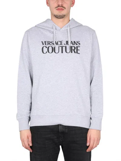 Versace Jeans Couture Logo Hooded Cross-neck Sweater In Grey