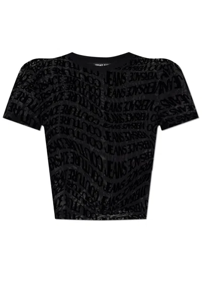 Versace Jeans Couture T-shirt With A Logo And A Velvet Finish In Black