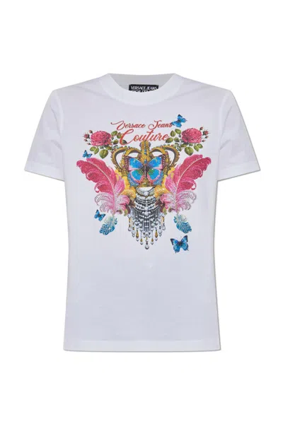 VERSACE JEANS COUTURE VERSACE JEANS COUTURE T-SHIRT WITH PRINT AND SHIMMERING APPLIQUÉS