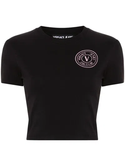 Versace Jeans Couture V-emblem Glittered T-shirt In Black