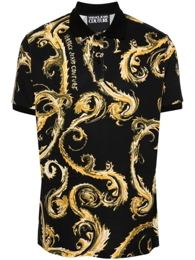 Versace Jeans Couture Barocco-print Cotton Polo Top In Nero