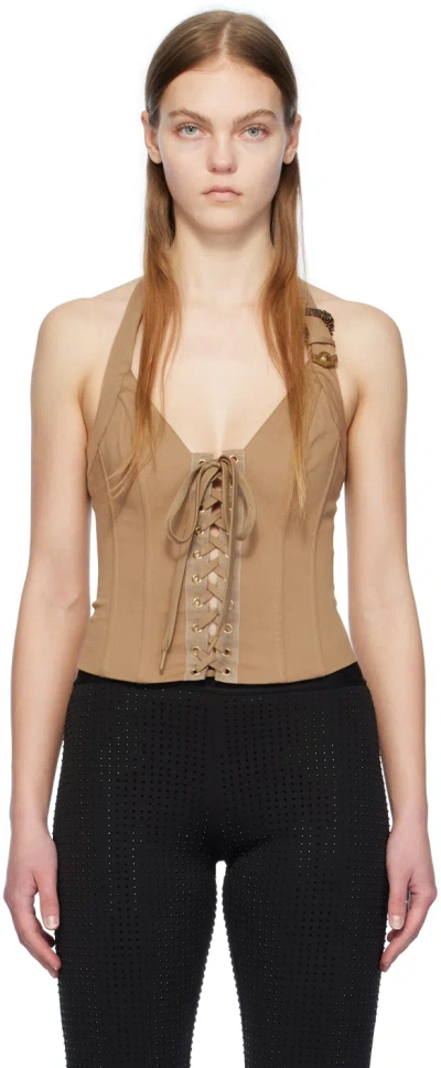 Versace Jeans Couture Tan Lace-up Camisole In E737 Acacia