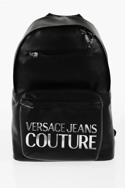 Versace Jeans Couture Textured Faux Leather Backpack With Silver-ton In Black