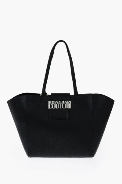 Versace Jeans Couture Textured Faux Leather Tote Bag With Silver-ton In Black