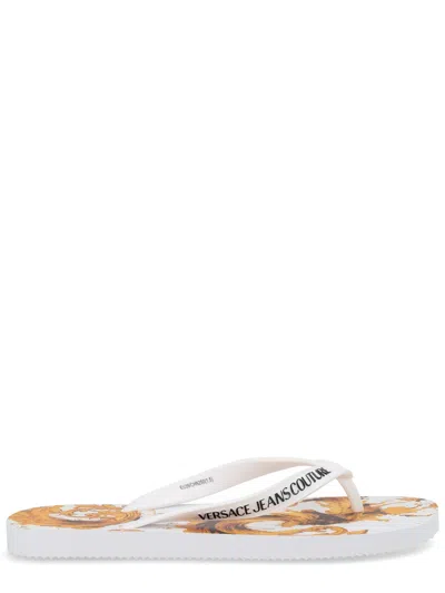 Versace Jeans Couture Logo Thong Sandal Flat Sole Open Toe In White