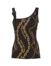 Versace Jeans Couture Asymmetric Strap Buckle Logo Chain Print Top In Black
