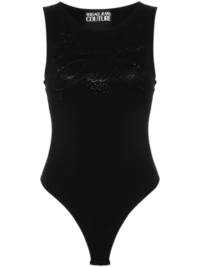 Versace Jeans Couture Crystal-logo Sleeveless Bodysuit In Black
