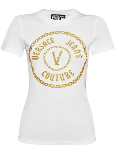 Versace Jeans Couture Glitter Graphic Print Cotton Blend Top In White