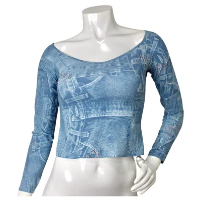 Pre-owned Versace Jeans Couture Trompe L'oeil Denim Print Crop Top Circa 1990s In Blue