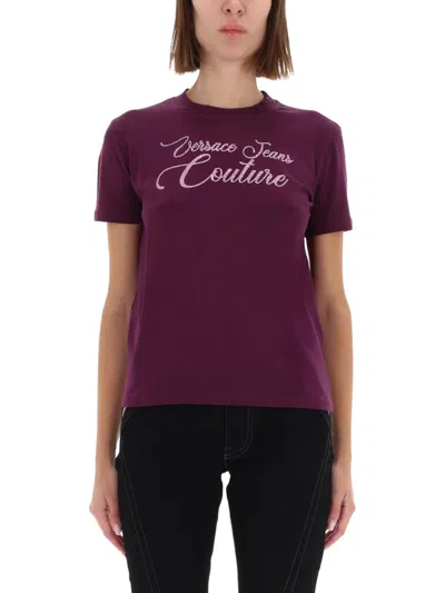 Versace Jeans Couture T-shirt With Logo And Rhinestones In Purple