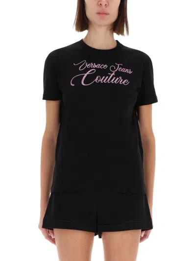Versace Jeans Couture Tshirt With Logo And Rhinestones In Black