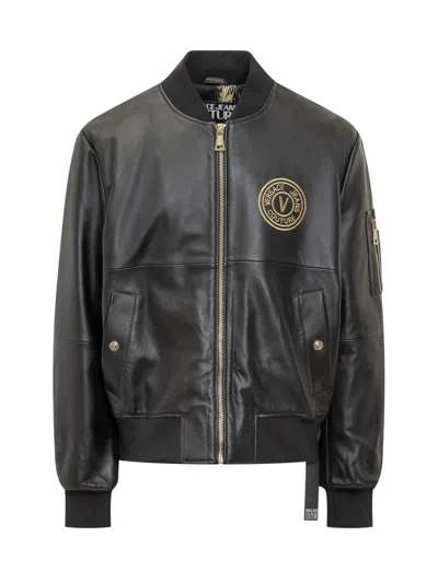 Versace Jeans Couture Black V Emblem Leather Jacket