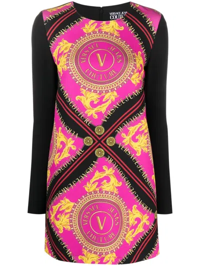 Versace Jeans Couture V-emblem Chain-print Minidress In Pink